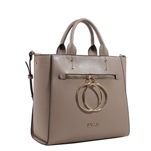 Izzy and Ali Vegan Leather Handbags - Double Ring Large Bucket Tote Taupe