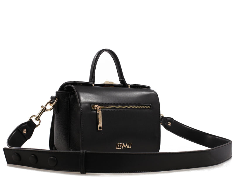 Izzy and Ali Vegan Leather Handbags - Multi Compartment Boxy Bag Black