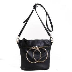 Izzy and Ali Vegan Leather Handbags - Dual Ring Medium Bucket Bag Black
